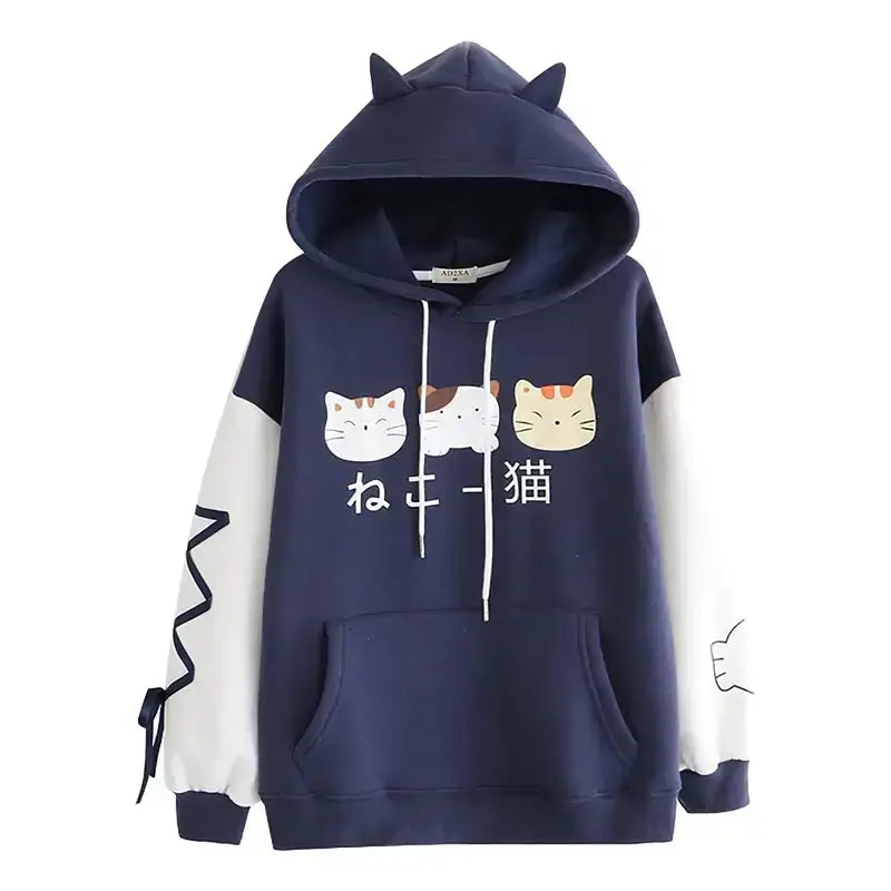 Blue Hoodie with graphic cat prints - Loli The Cat