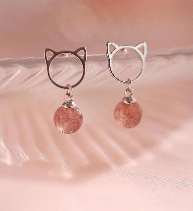 Cute Strawberry Pink Crystal Cat Earring - Loli The Cat