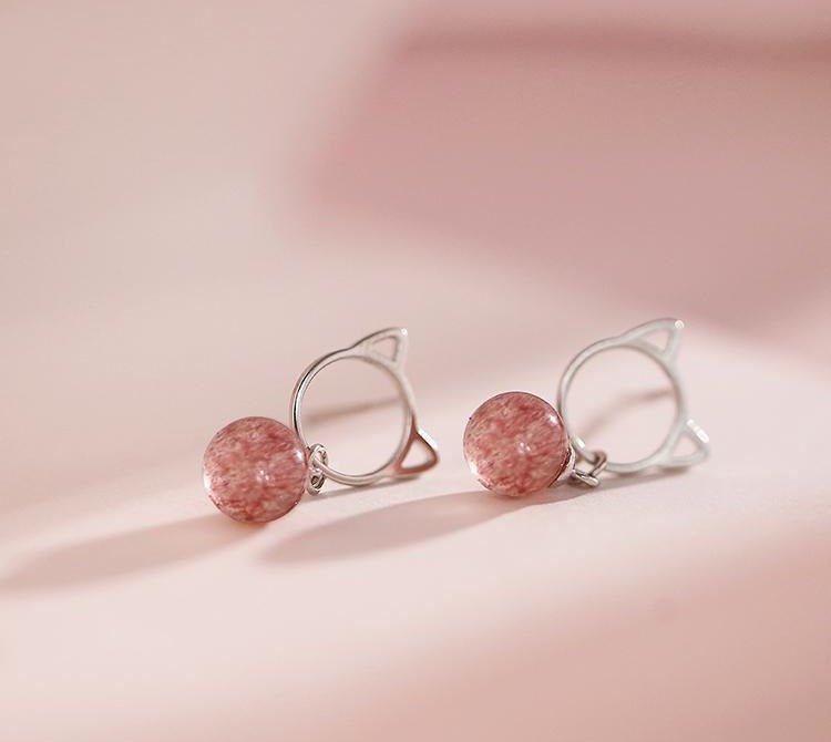 Cute Strawberry Pink Crystal Cat Earring - Loli The Cat